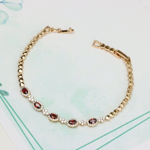 Elegant Rose Gold Bracelet with Red Stones and Sparkling CZ Accents, XPBL0642 - Picture 3 of 12